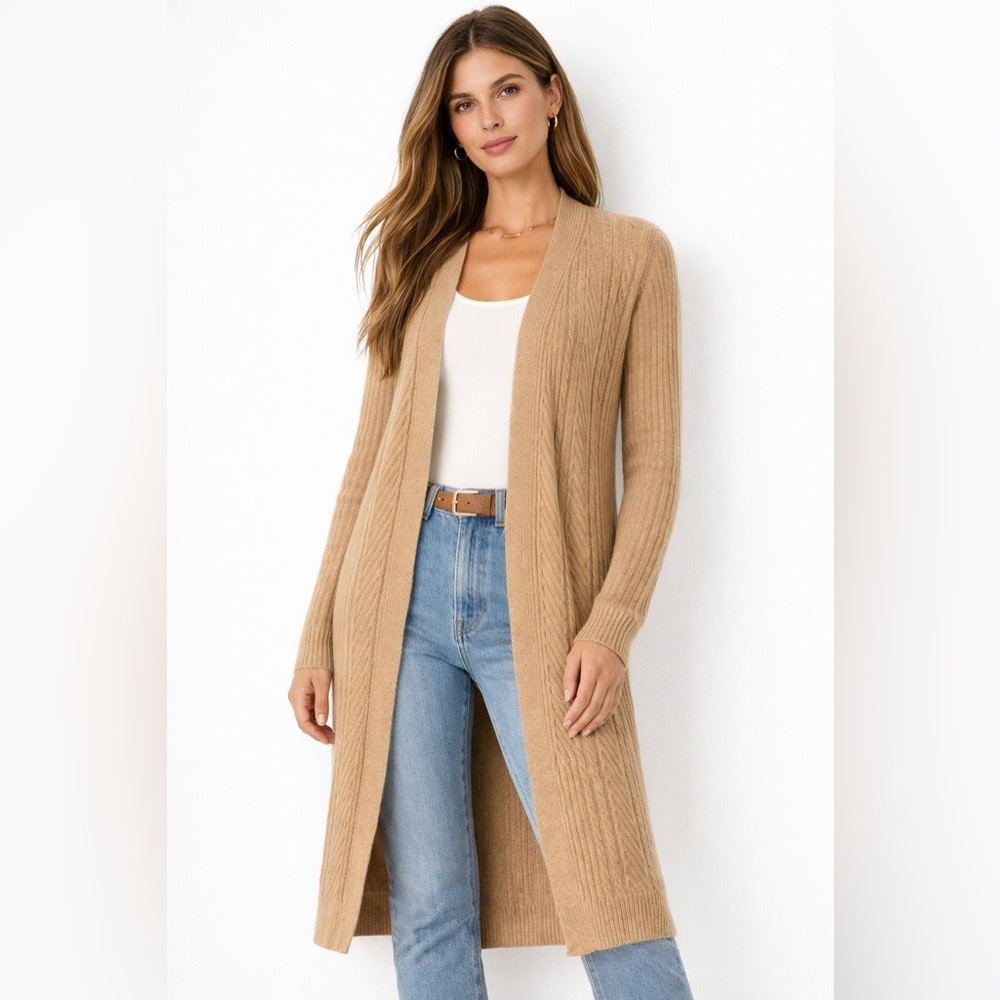 Express Camel Cable Knit Duster Cardigan | Longline Open Front Sweater M